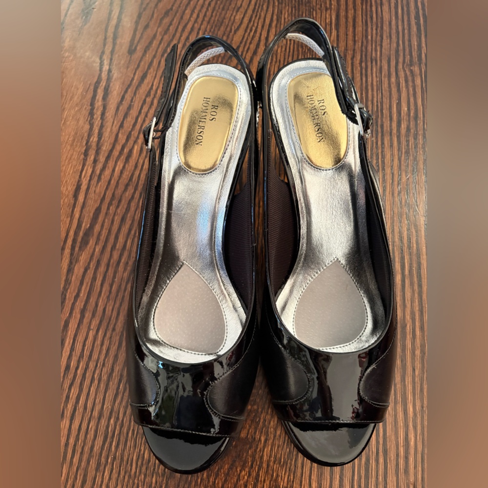 Ros Hommerson Black Patent Leather Slingback Shoes with Open Toe